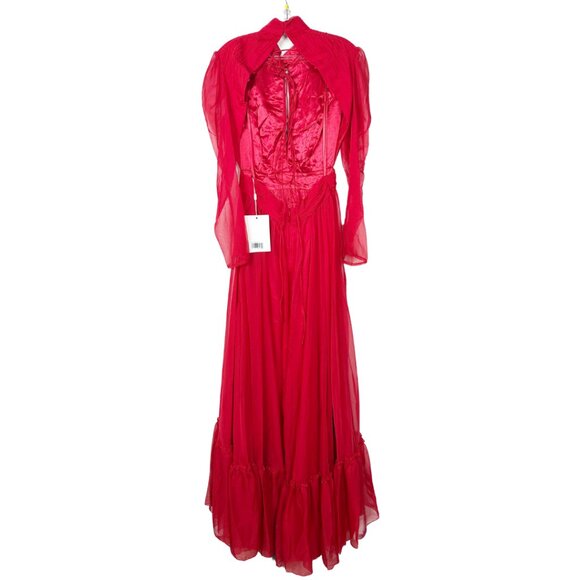 NWT Mac Duggal Chiffon High Neck Keyhole Puff Sleeve Lace Up Dress Red 8 - Picture 5 of 8
